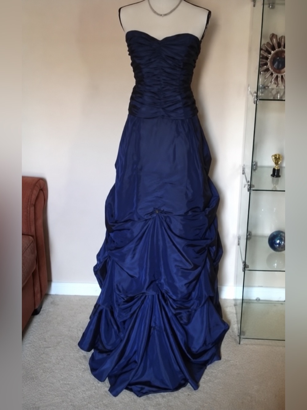 David Bridal Strapless Ruched Navy Evening Gown
